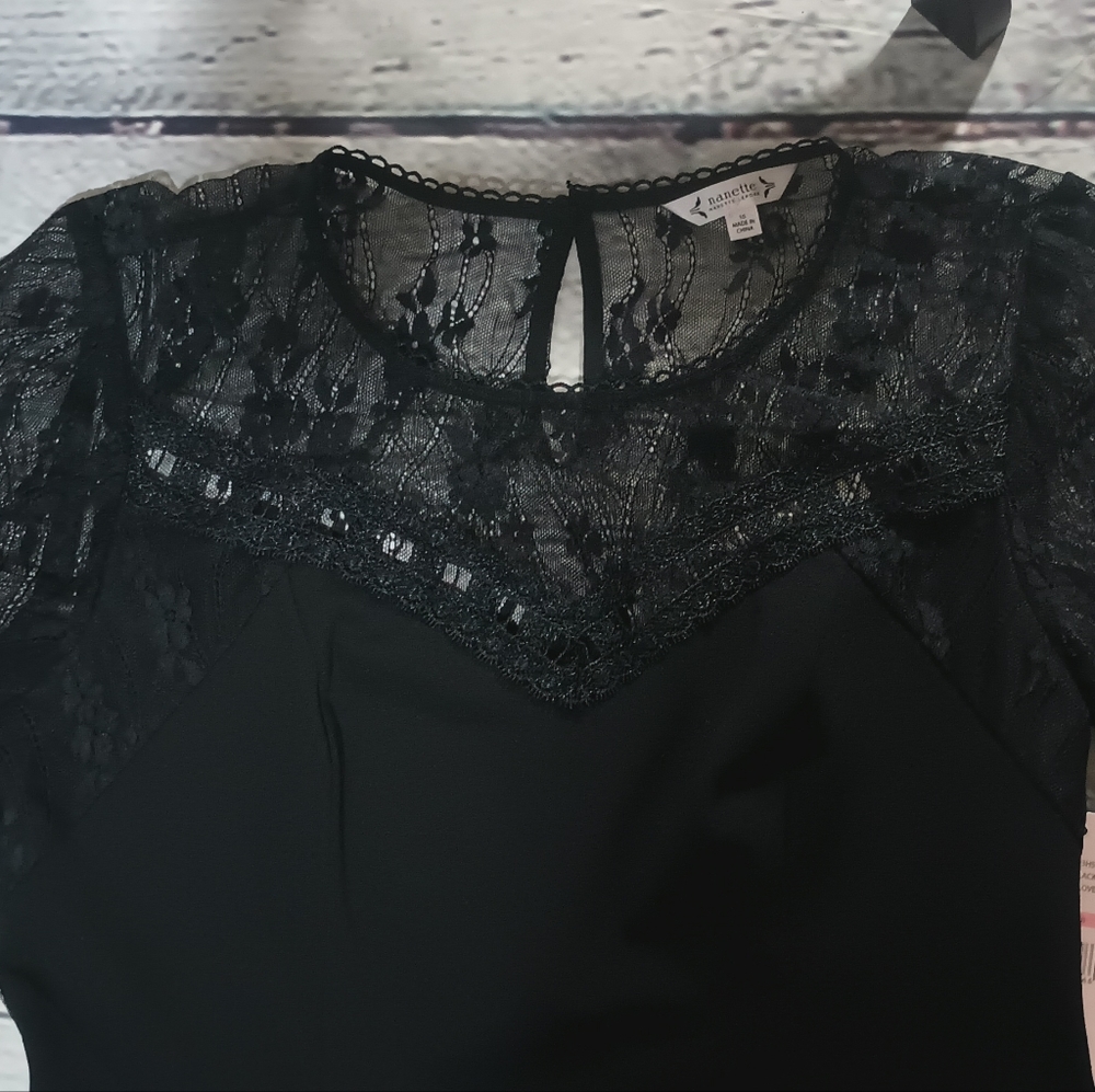 Short Sleeve Woven Lace Yoke Shift Dress Nanette Leopore Black - Picture 10 of 16